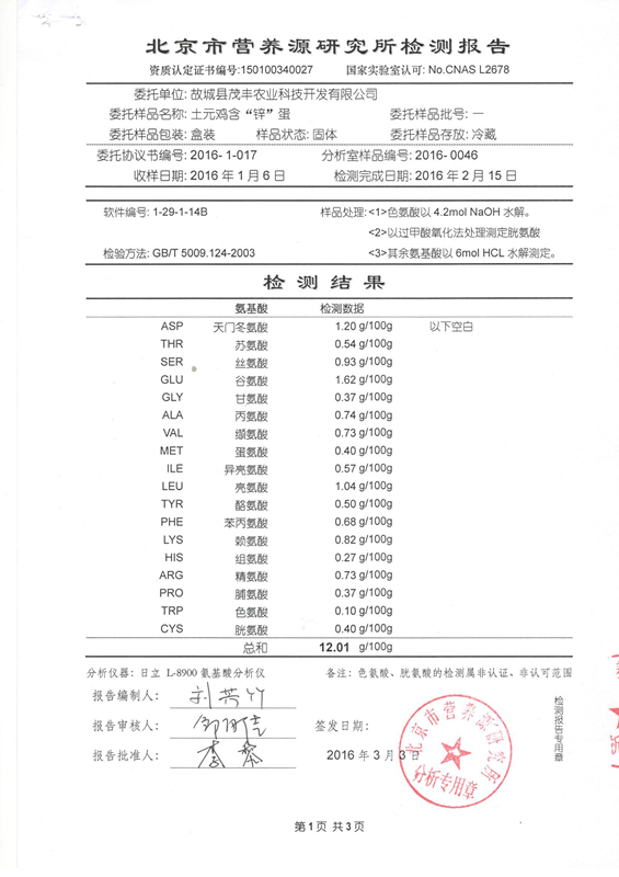 土元雞含“鋅”蛋檢測報告
